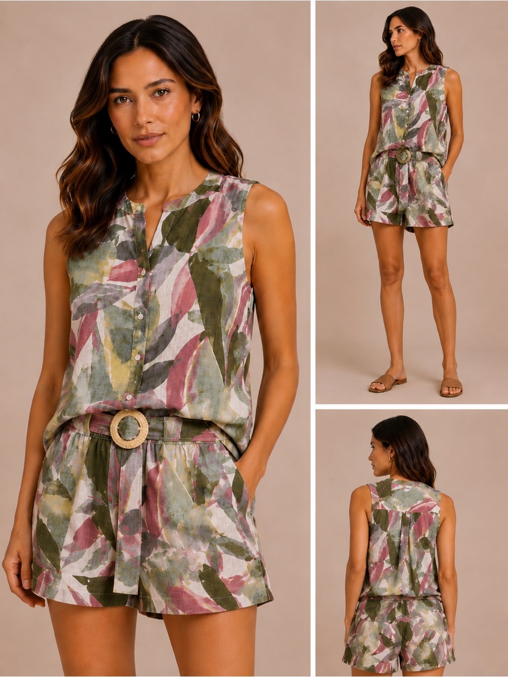 Tahari Green Pink Leaf Print Sleeveless top & shorts